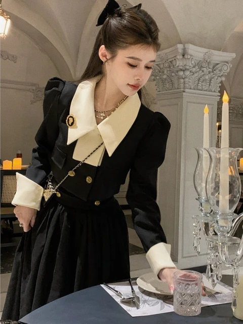 2 Piece Post Skirt elegant Black 2 piece Blazer Skirt Set Korean Fashion Vintage Outfit