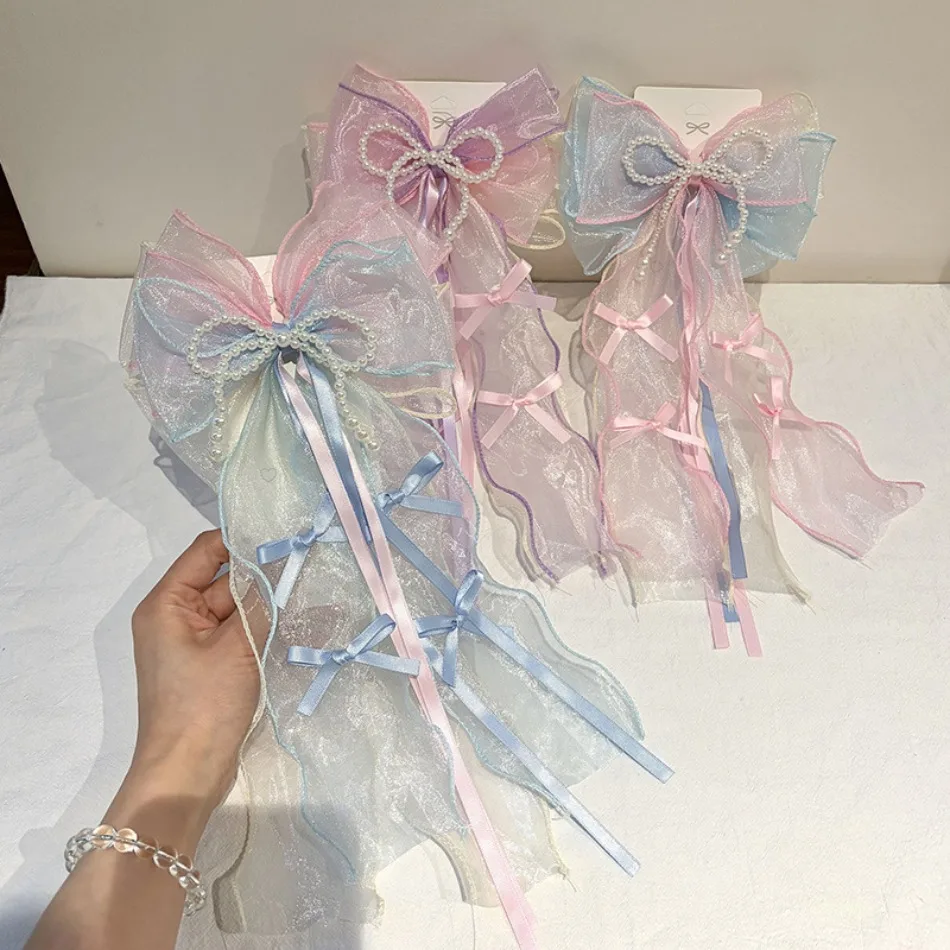 Childrens Super Fairy Big Bow Imitation Pearl Mesh Back Hair Hairpin Girl Cute Princess Streamer Headgear Girl Hairpin Hair HP01