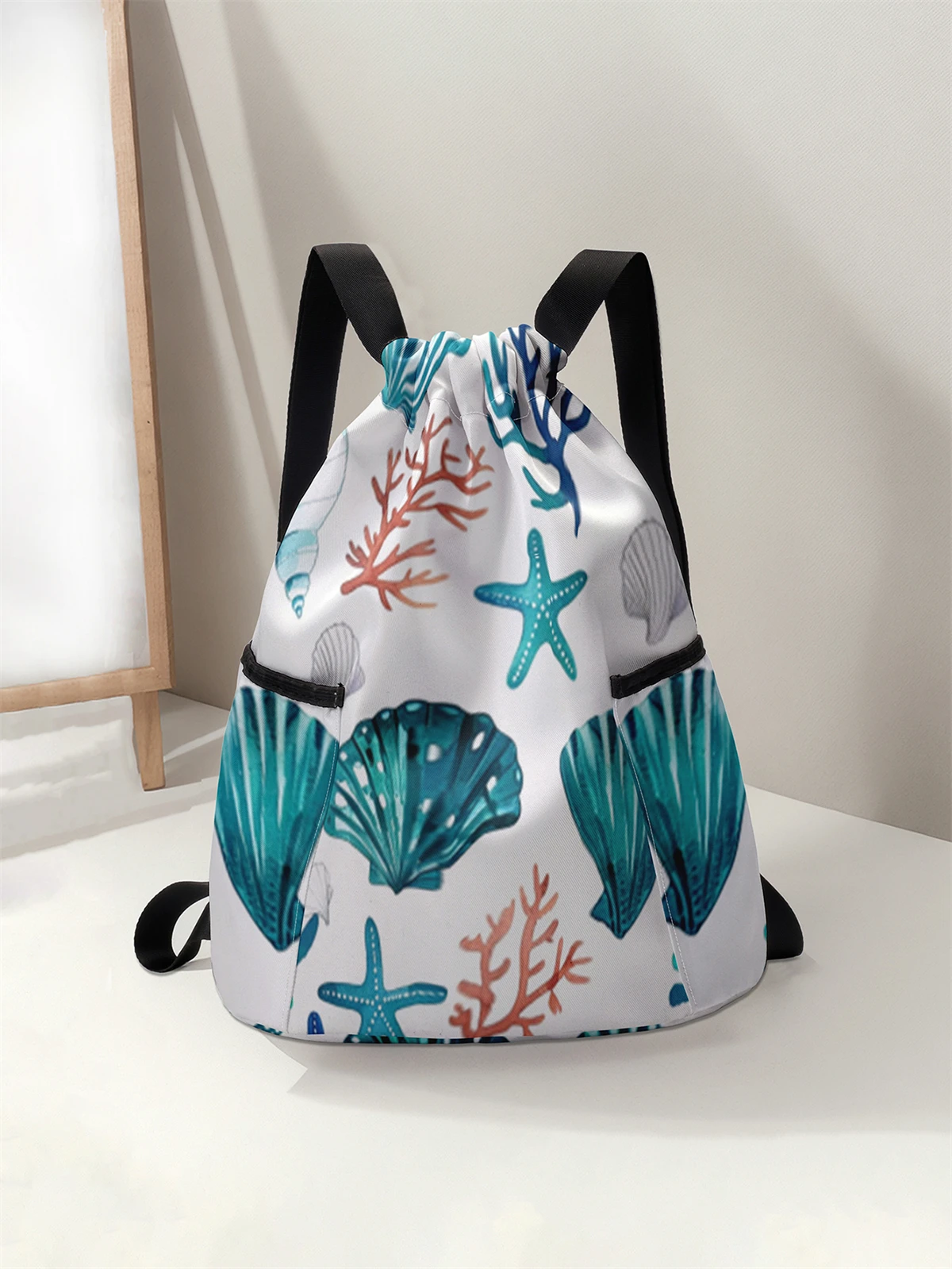 

Shell Pattern Drawstring Backpack - Large Capacity Durable Fitness Bag, Adjustable Shoulder Straps, Sports Beach Backpack