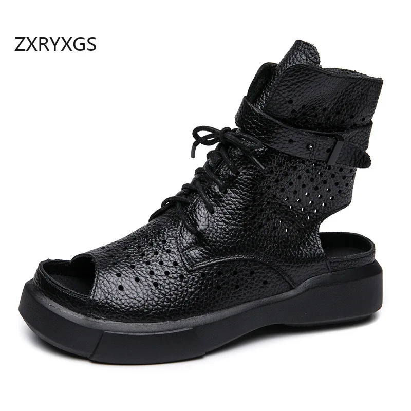 

ZXRYXGS ботинки из воловьей кожи с открытым носком, римские сандалии, дышащие женские кожаные сандалии, нескользящая трендовая обувь на плоской подошве, лето 2023