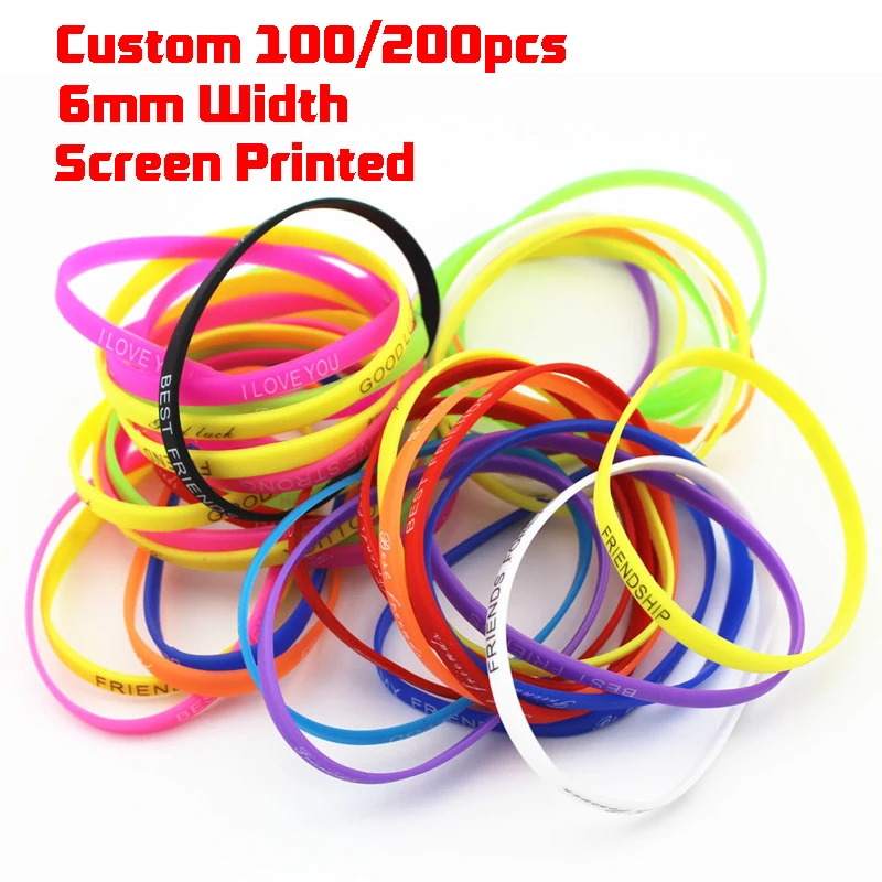 50/100/200pcs/lots Custom Wristband 6mm Width Tiny Silicone Bracelet Customized Wrist Bands For Events, Party, Wedding