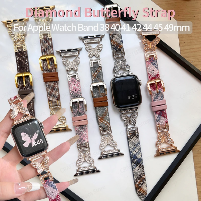 

Luxury Woolen Leather Strap for Apple Watch Band 49mm 41mm 45mm 44 Metal Butterfly Diamond Bracelet for IWatch 9 8 7 SE 6 Correa