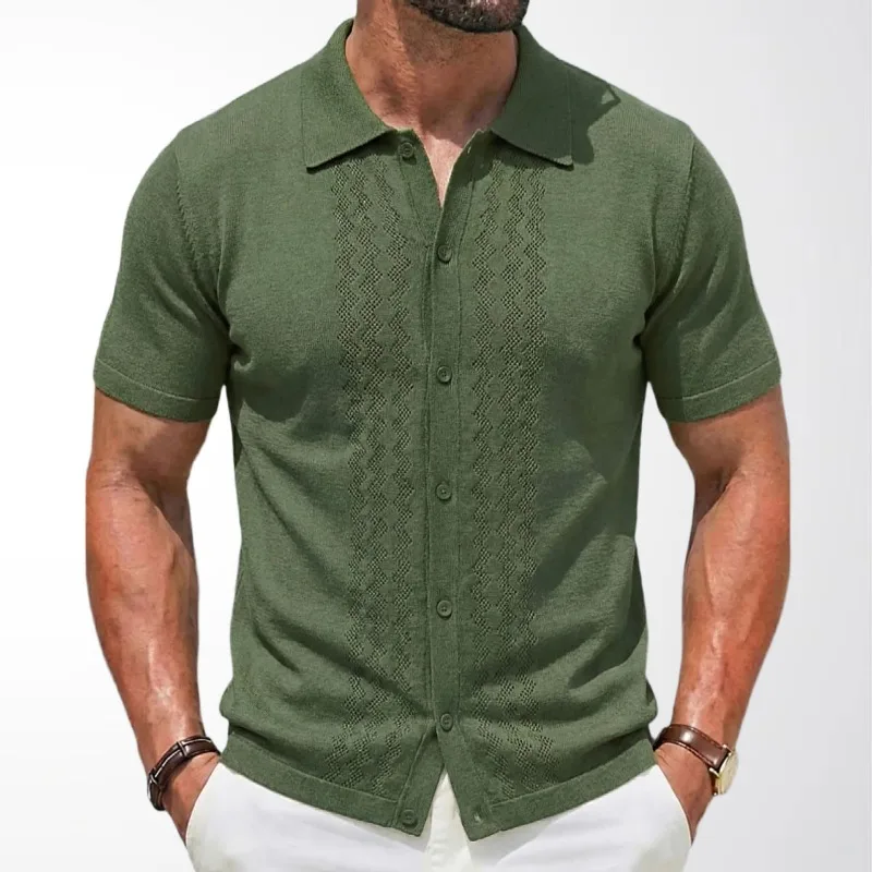 

Men's New Summer Short-sleeve Knitted Cardigan Polo Shirt, Solid Color Knit Top for Men