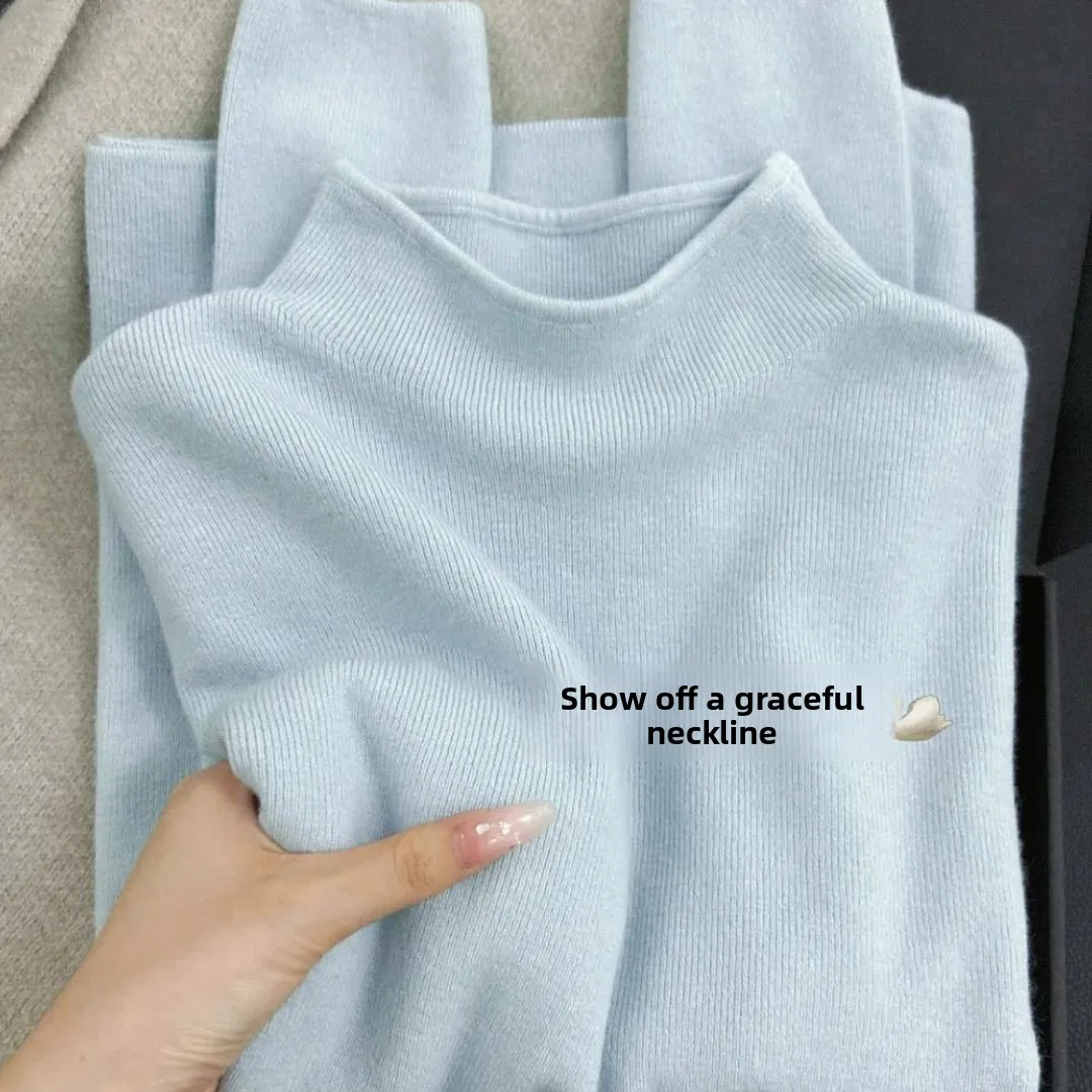 Blue Slim Fit Long Sleeve Knitted Half High Collar Sweater Autumn Winter Style Commute Pure Color Polyester Spandex Blend