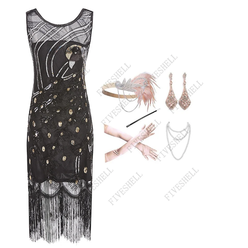 S-XXXL 1920s Round Neck Sleeveless Peacock Dress and Sequined Gauze Dress and Peacock Headpiece 20S 30S Cosplay Accessory Set