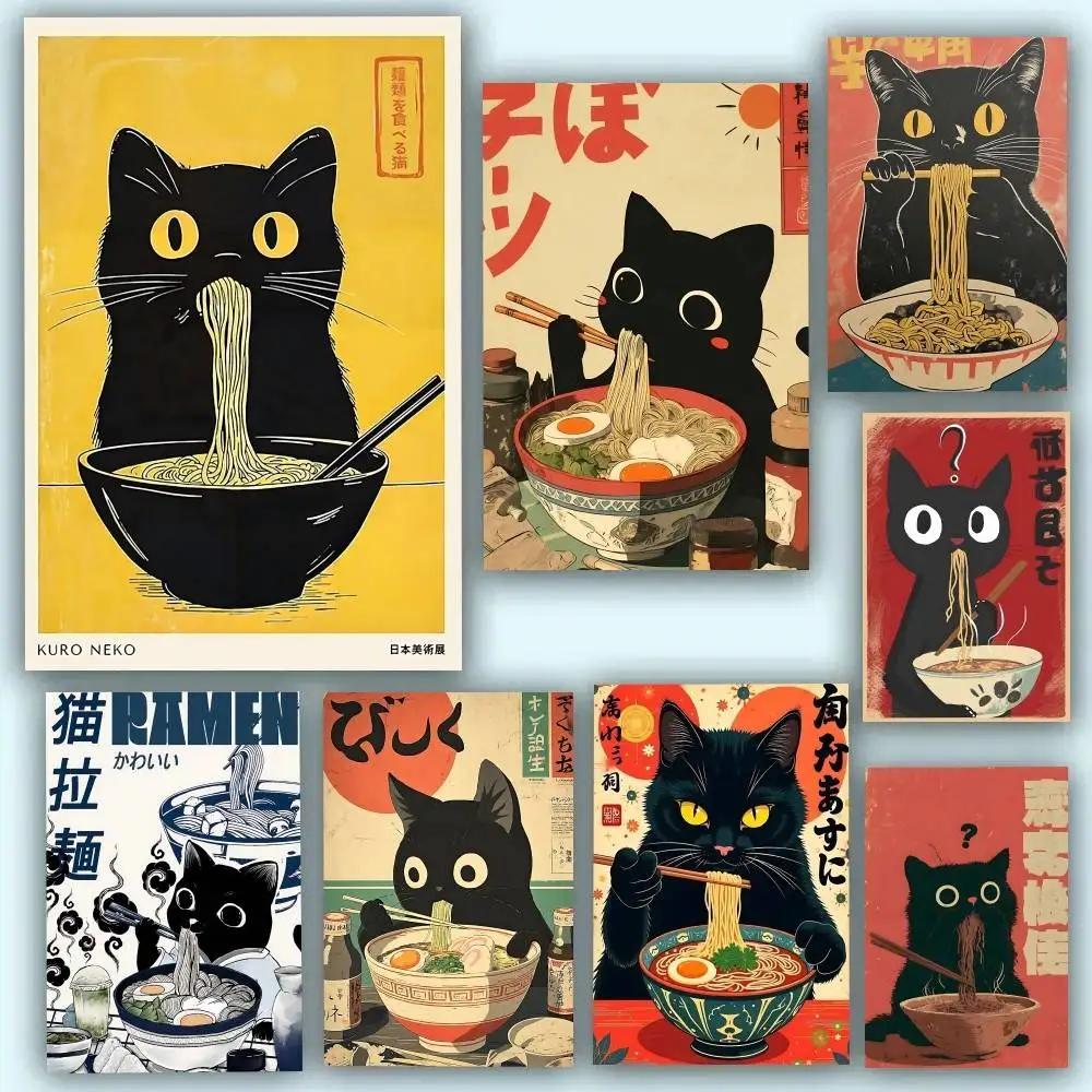 Black Cat Ramen Japanese Food Posters Self Adhesive Waterproof Ideal For Living Room Bedroom Bar Decoration