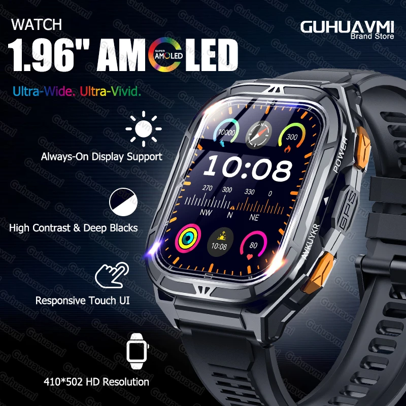 

Новые умные часы GUHUAVMI TANK X5 1,96 дюйма AMOLED AOD, двухдиапазонный GPS, 5 атм, IP69K, водонепроницаемость, прочный аккумулятор емкостью 530 мАч, умный браслет