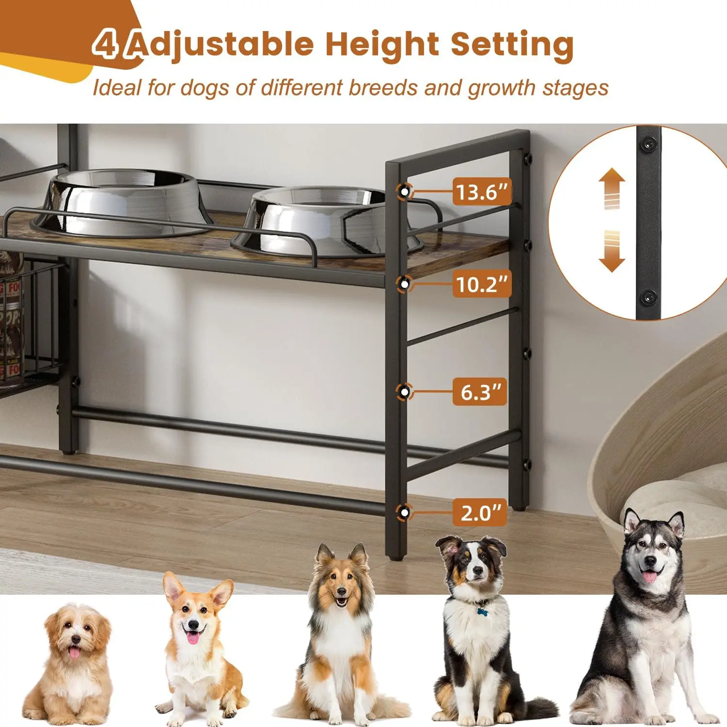 Elevated Dog Bowl Stand with Toy Bin Basket, 4 Height Adjustable Raised Feeding Station Cabinet, Lifted Food and Water Bowl Hold view 3