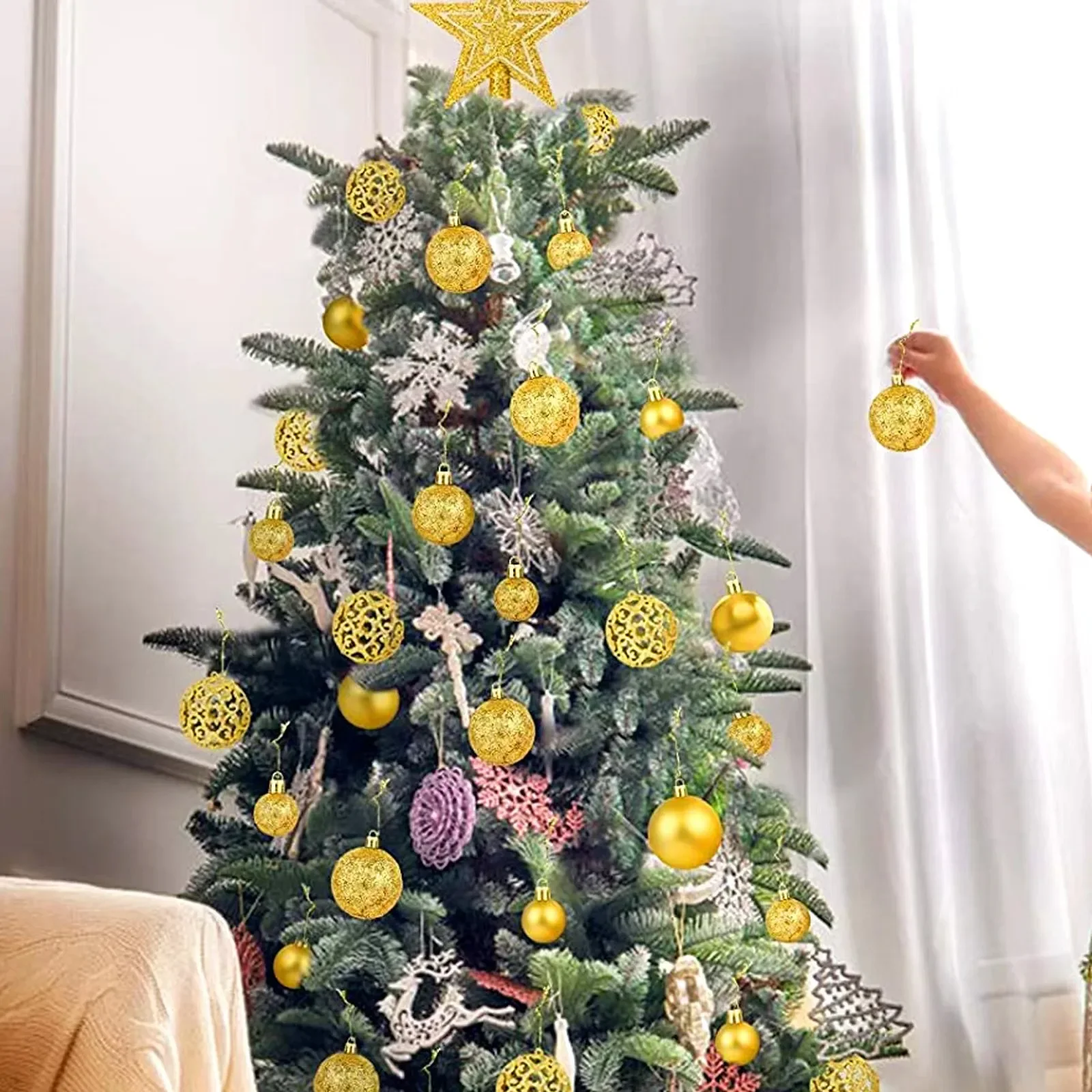 101PCS Christmas Ball Star 6cm /3cm Plastic Hollow matte Christmas Ball Ornaments christmas tree decorations for Xmas Party