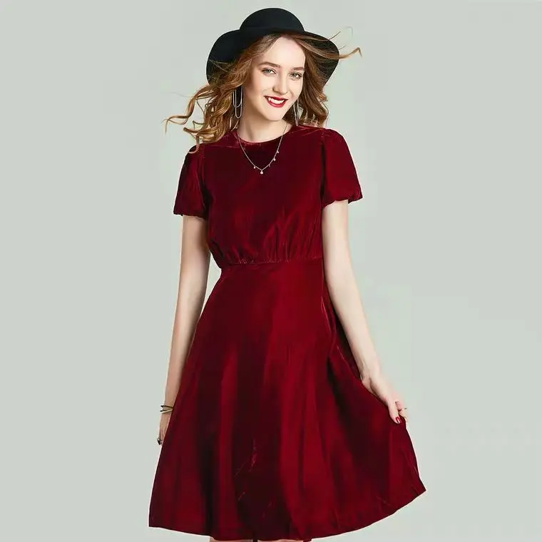 New Fashion women Summer Elegant luxury velour dress, vintage puff sleeve party dress velvet dresses vestidos cortos de fiesta