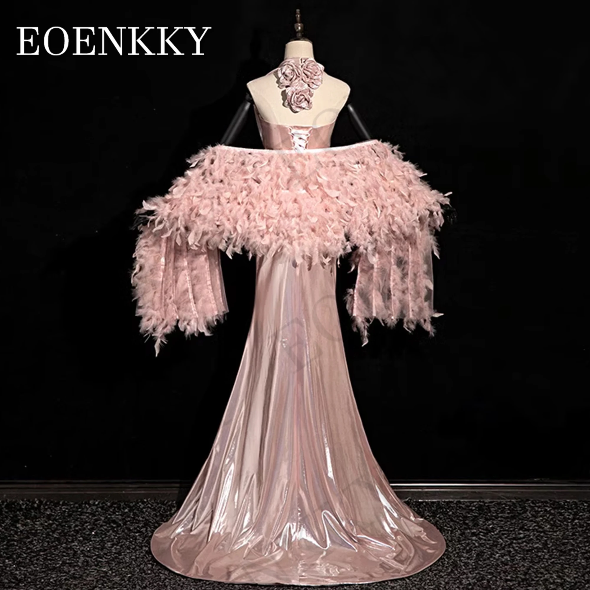 Pink Halter Mermaid Evening Dresses Woman Luxury vestido de noche 3D Flowers Wedding Guest Dress With Feather Shawl Backless