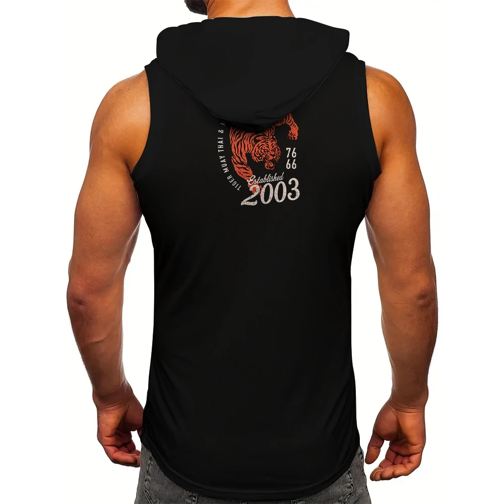 Men's Tiger Muay Thai Mixed Martial Arts Sleeveless Hoodie Quick Drying Breathable Gym Tank Top MMA Boxing Training Hooded Tank