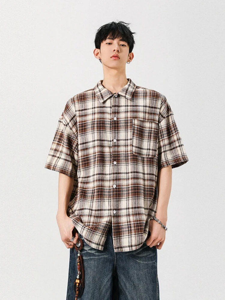 

Мужская летняя рубашка в американском ретро-стиле, тонкая, свободного кроя, с коротким рукавом, молодежная, в студенческом стиле, модная, в клетку