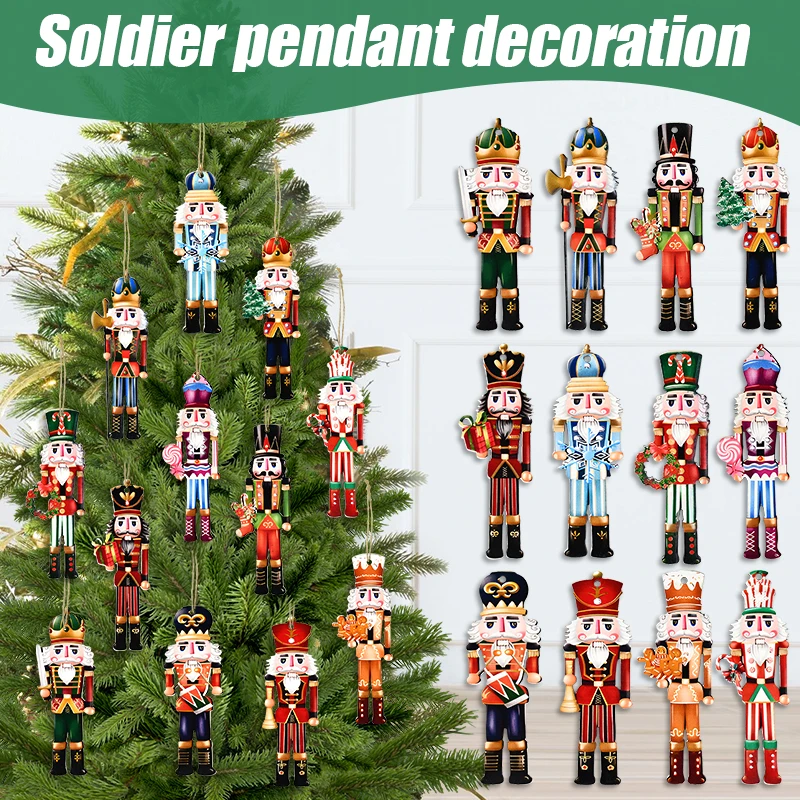 12Pcs Christmas Nutcracker Soldier Wooden Pendant Xmas Tree Hanging Ornament 2024 Navidad Decoration for Home 2025 New Year Gift