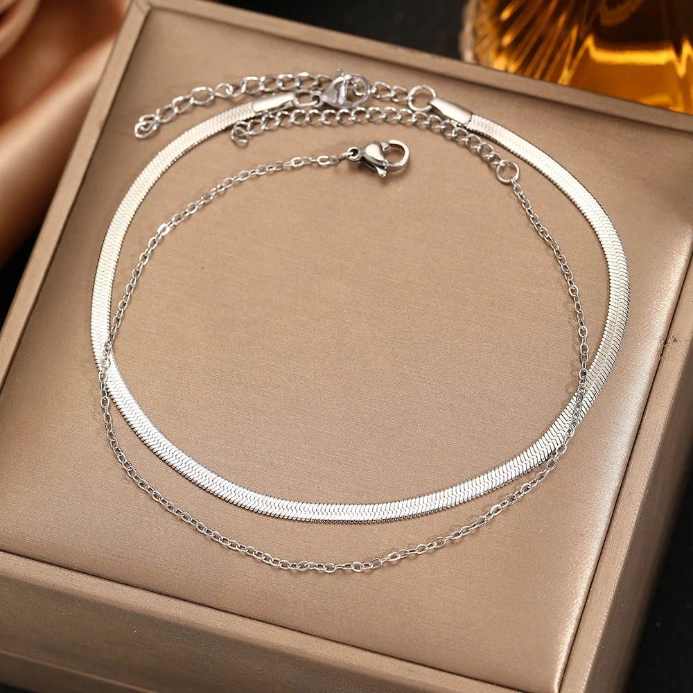 DGIDDK Stainless Steel Simple Fashion Commuter Anklet Female Double Layer Stacked Wear Personality Versatile Foot Jewelry Gifts