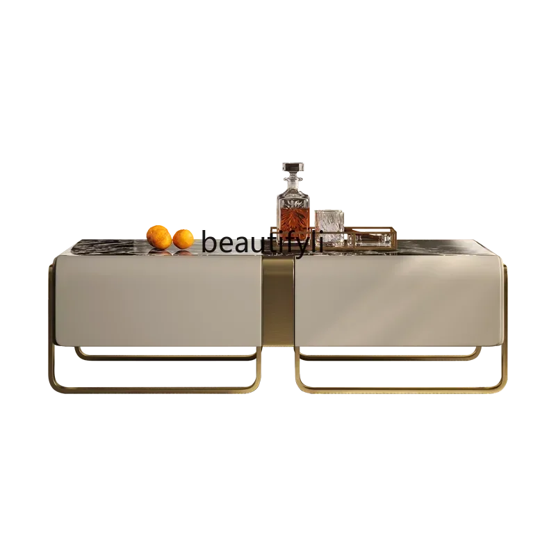 

45Light luxury coffee table senior designer furniture villa large flat layer marble luxury stone tea machine combination
