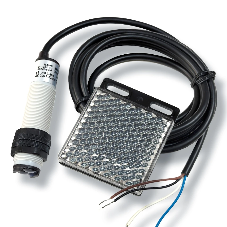 M18 tipo retrorrefletivo pnp no + nc dc 4 fios interruptor fotoelétrico sensor de fotocélula infravermelha com refletor de espelho distância 2m