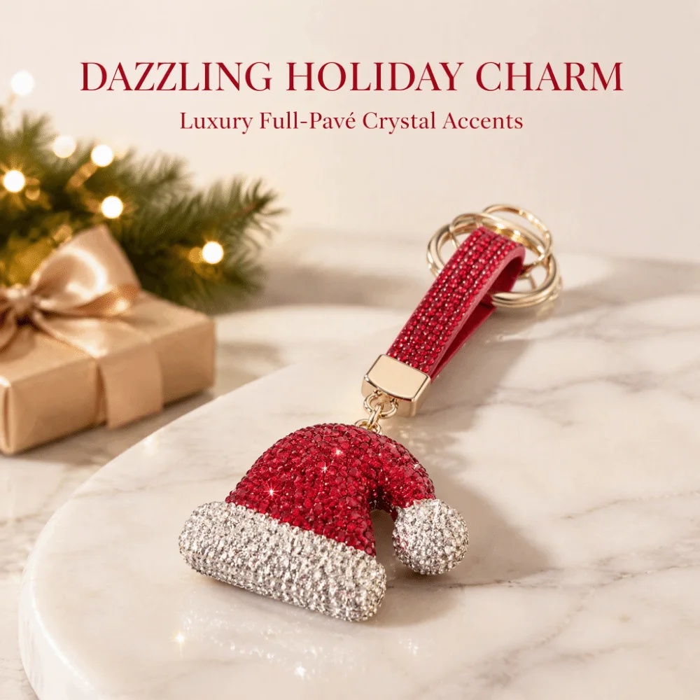 Santa Claus Rhinestone Christmas Keychain Christmas Hat DIY Metal Xmas Pendant Decoration Christmas Stocking