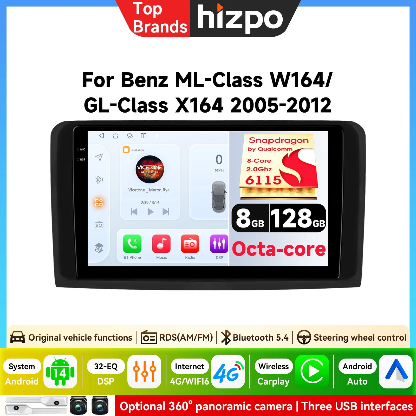 Hizpo Android für Mercedes Benz ML GL W164 ML350 ML500 GL320 X164 ML280 GL350 GL450 Autoradio 4G+WIFI Carplay Audio Multimedia