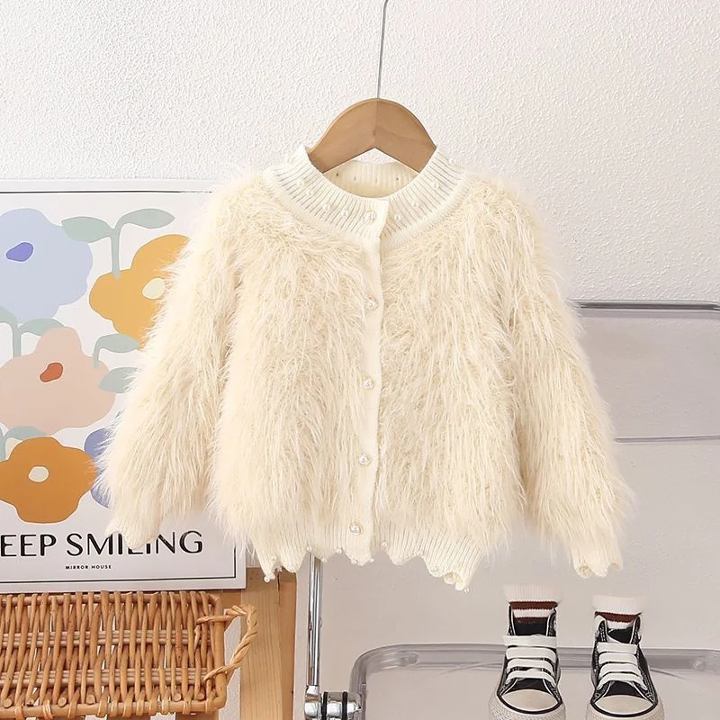 

Мягкие плюшевые шерстяные кардиганы для девочек, детские вязаные кардиганы с V-образным вырезом, свитер, пальто, Модный повседневный стиль, осенний Детский свитер