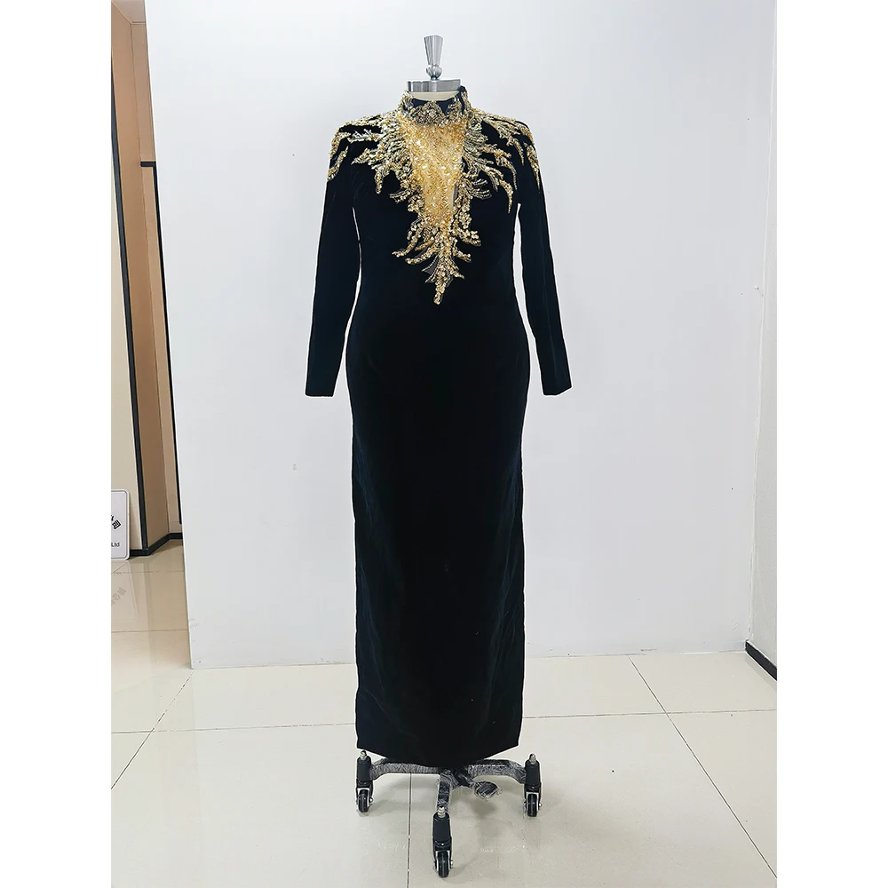 Black O-Neck Long Sleeve Evening Dress Floor Length Velvet High Neck Back Vent Mermaid For Elegant Women Chic Vestidos