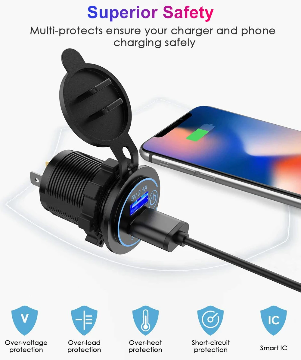 Quick Charge Dual USB Ports Car Charger Waterpoof Fast Charging Socket Power Outlet with LED Light for Motorcycle Car Charge