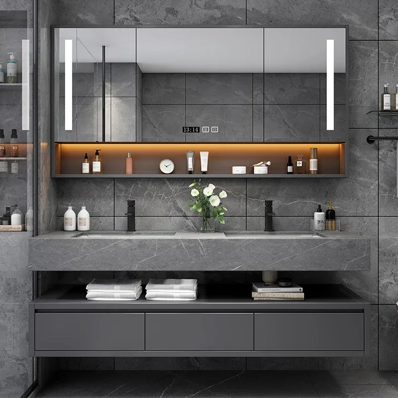 Light Luxury Rock Panel Intelligent Wood Bathroom Cabinet Meuble Salle De Bain Washbasin Double Basin Bathroom Cabinet Home