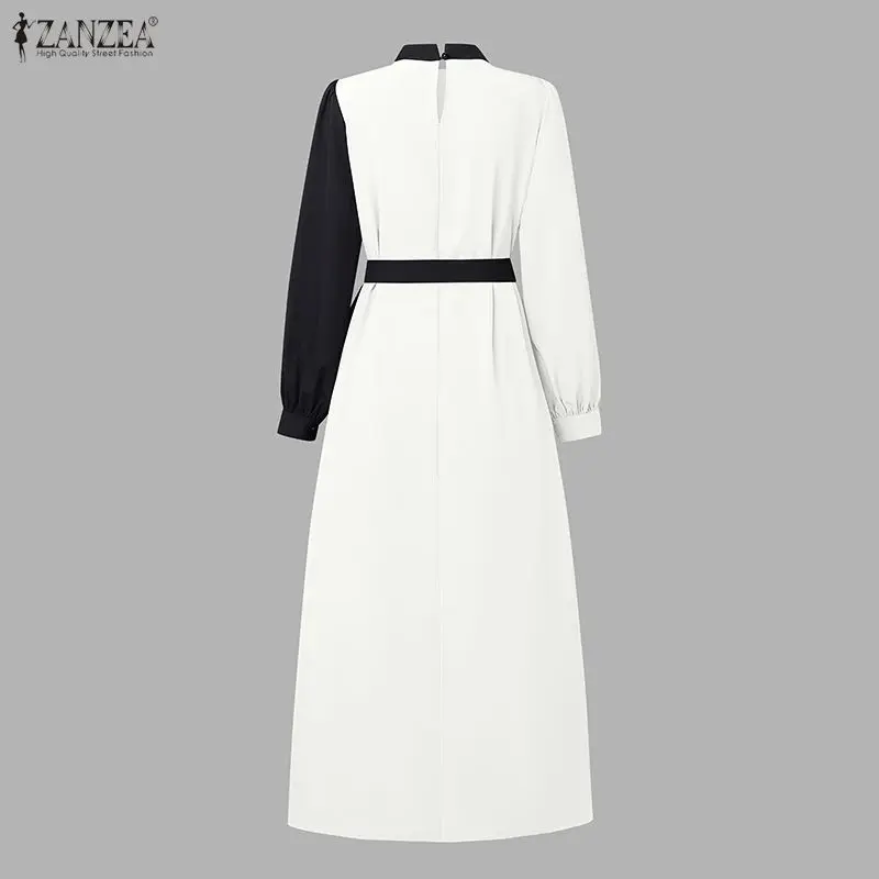 Muslim Hijabs Women's Contrast-Color Maxi Dress Elegant Modest Long Sleeve Belted A-Line Long Dresses Woman Ramadan Clothes 3XL