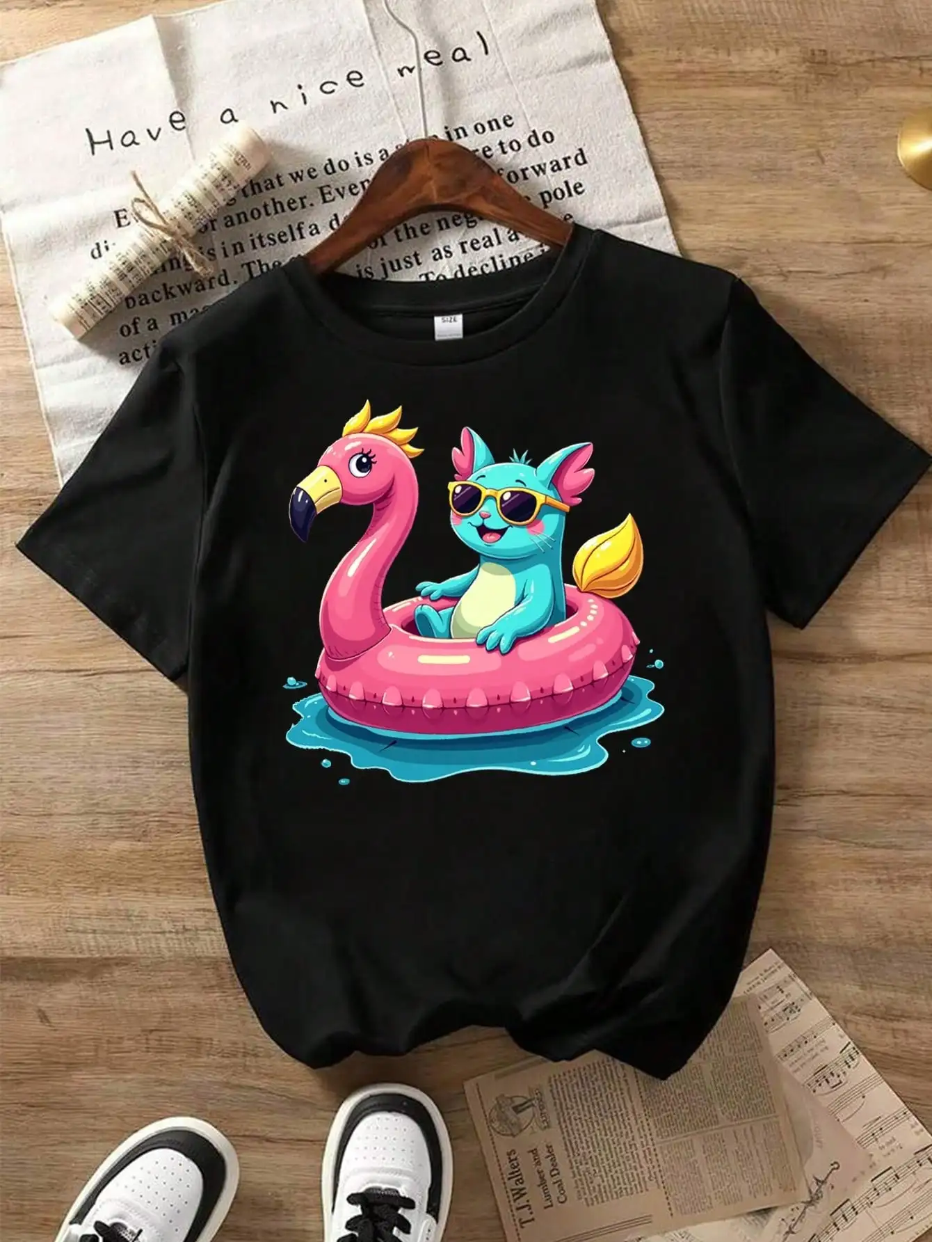 

Animal Fantasy Cotton T-Shirt, Black Tee With Cat And Flamingo, Summer Fun Summer Tops