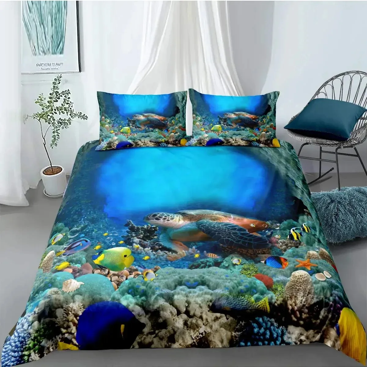 

Sea Turtle Duvet Cover Underwater World Themed Marine Life Bedding Set for Women Teen Boys and Girls Gift for Bedroom Decoration