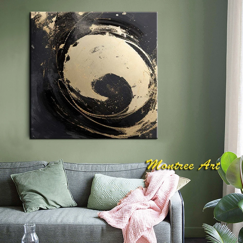 Hand Painted Oil Painting Modern Geometric Wall Art Black Gold 3D Plaster Painting Black Gold Texture Wall Art Office Deco Art