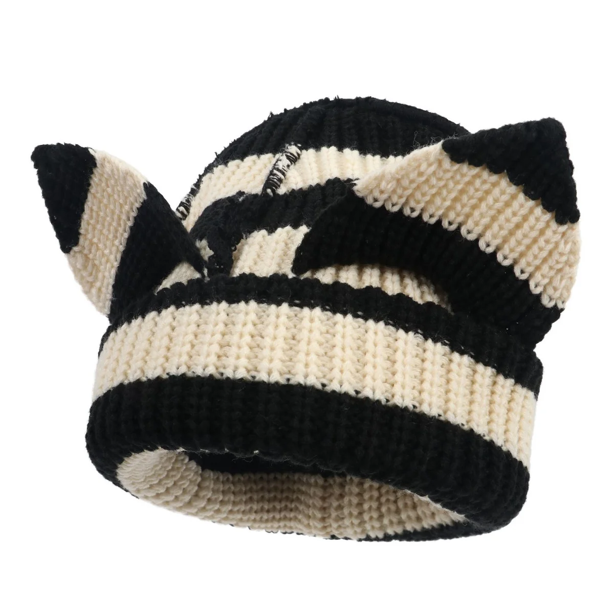 Warm Bean 2024 Handmade Little Weaving New Devil Wool Hook Striped Hat Ears