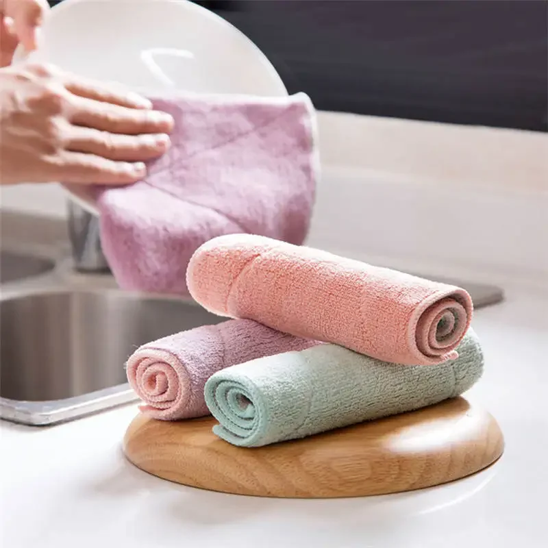 YOMDID Double-sided Kitchen Cleaning Cloths Thick Absorbent Water Dish Cloth Non-oil Rag Wipe Hand Towels Kitchen Accessories