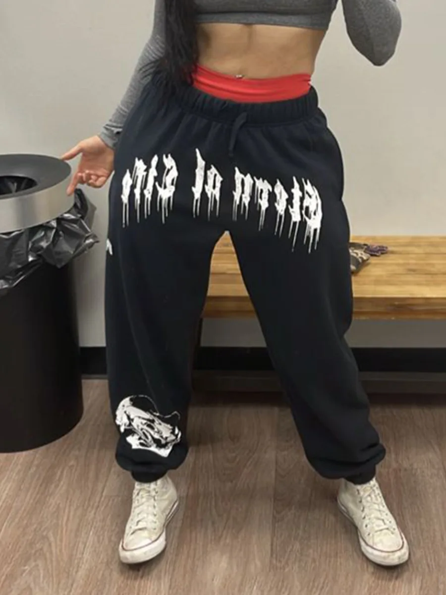 Spring And Autumn Lazy Casual Sweatpants Silk Screen Printed Hair Band Pants Running Fitness High Street Wash Texture Pants