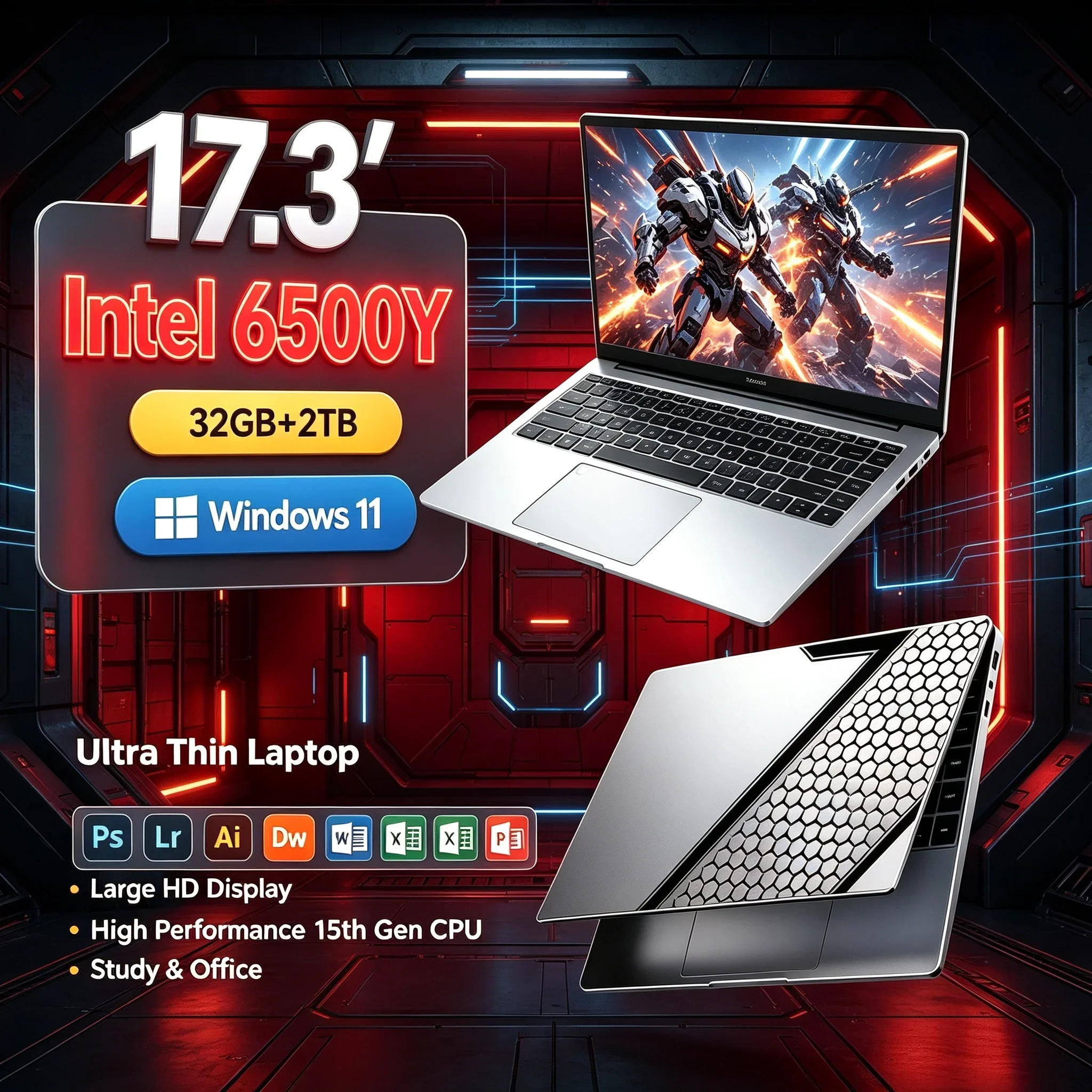 New 17.3'' Inch Windows11 Business Laptop Intel 6500Y 32GB RAM 1TB/2TB SSD WiFi6 BT5.2 Backlit Keyboard Portable Office Notebook