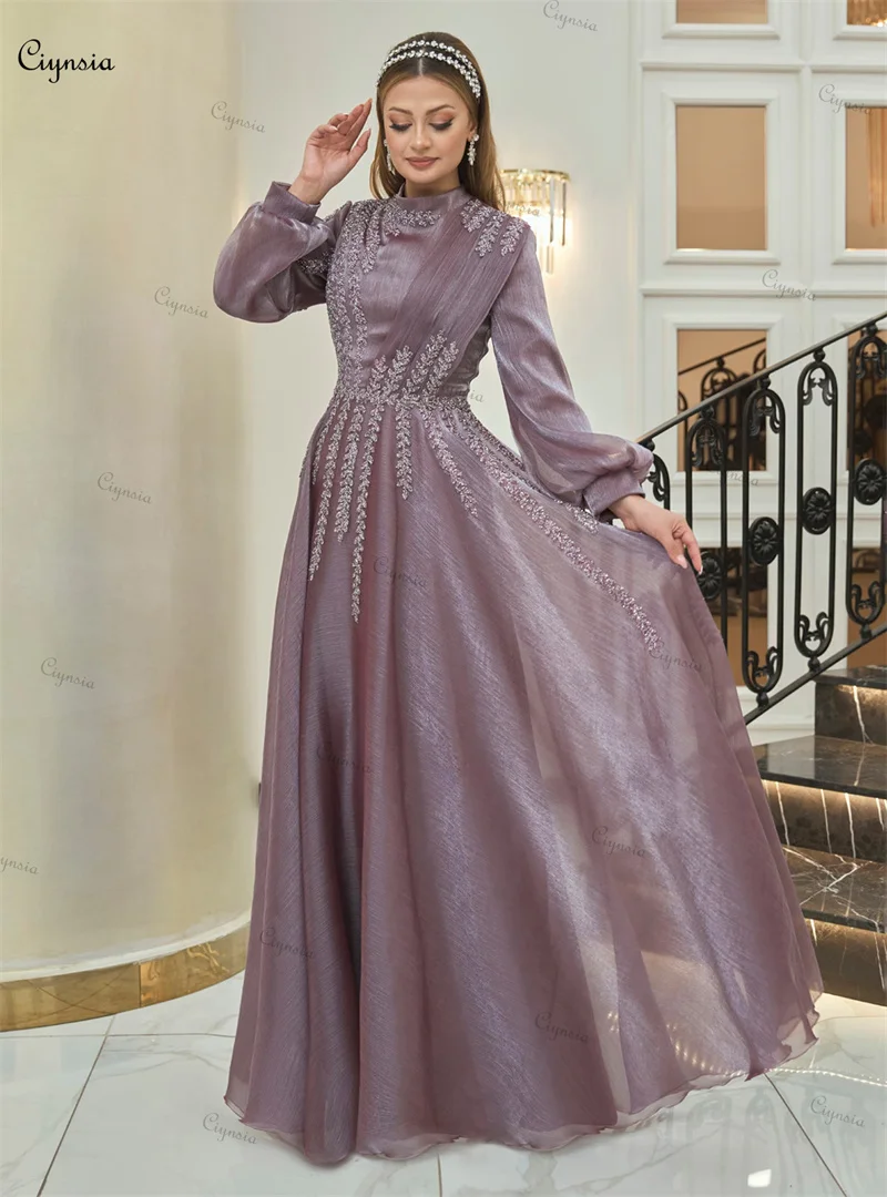 Ciynsia Elegant Long Sleeve Arabic Evening Dress High Neck Muslim Moroccan Caftan Formal Party Gown Appliques Dubai Prom Dresses