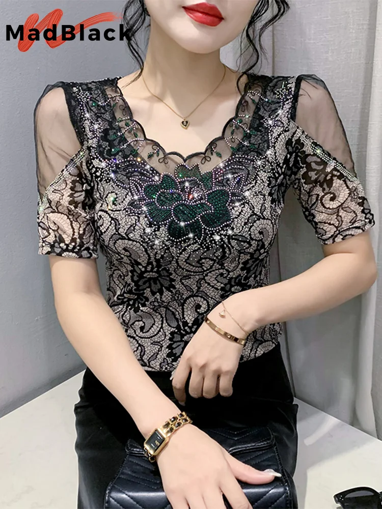 MadBlack Summer European Clothes Tshirts Woman Sexy V Necks Crochet Lace Hot Drill Slim Tops Short Sleeve Tees New T34723M