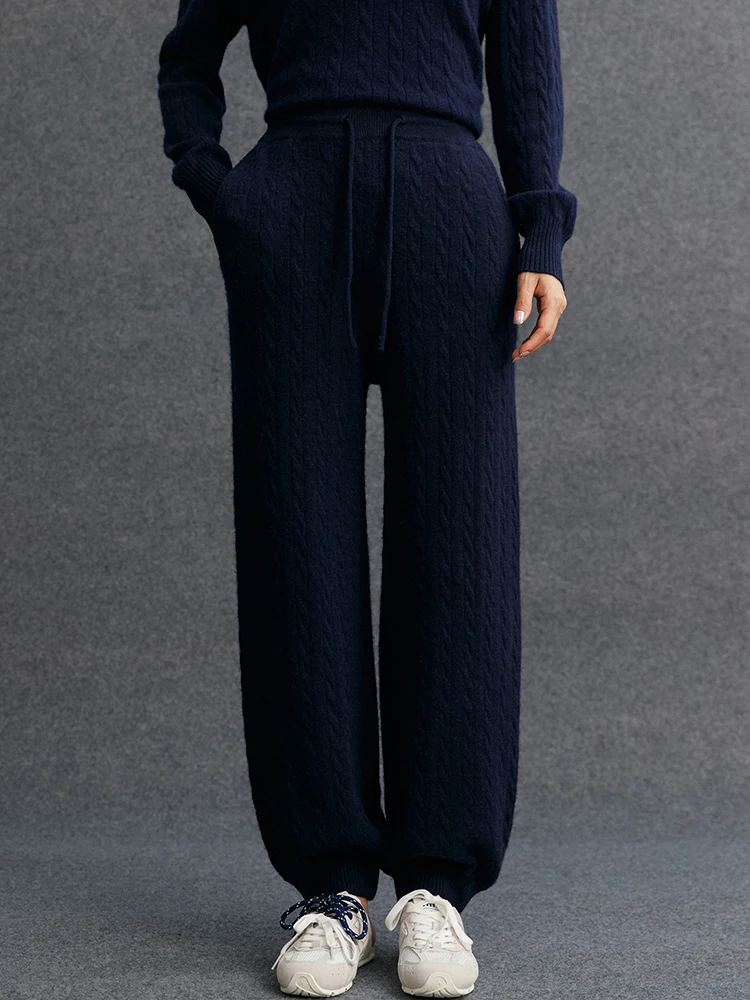 TLOML New Women's 100% Cashmere Knitted Cable Knit Bloomers Pants Autumn Winter Soft Warm Comfy Casual Trousers Cashmere Pants