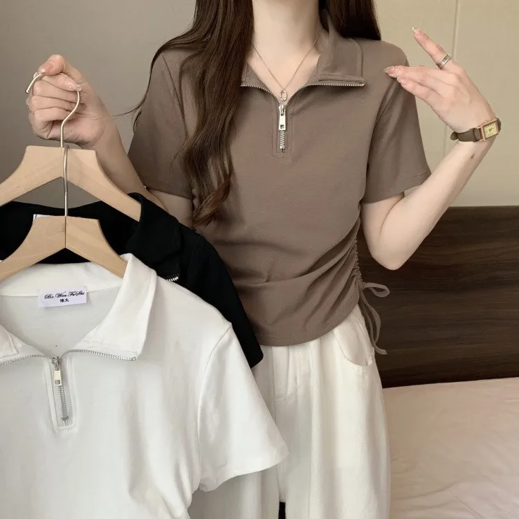 Women's Half Zip Polo Shirt Summer Short Sleeve Ruched Drawstring Slim Fit Casual Crop Top for Ladies
