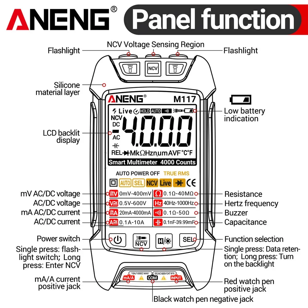 ANENG M117 Multimeter Smart Digital 4000-Count AC/DC Current Voltage Multimetro Professional Multifunction Tester Meter Tools