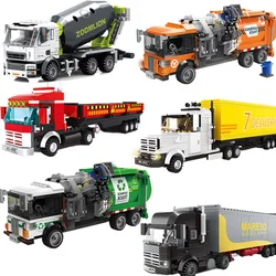 2023 City Traffic Toys Goods Transport Big Truck Sanitation Car Cement Crane Building Blocks Model Set MOC Kids DIY Classic Gift