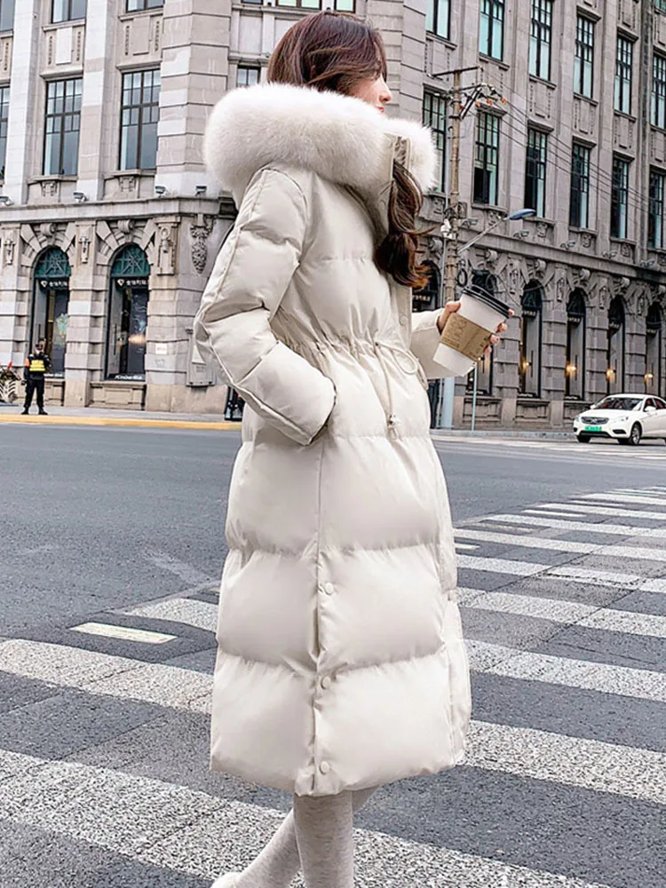 Winter Women Long Puffer Jacket 90% White Duck Down Coat Large Natural Fox Fur Hooded Female Feather Parkas