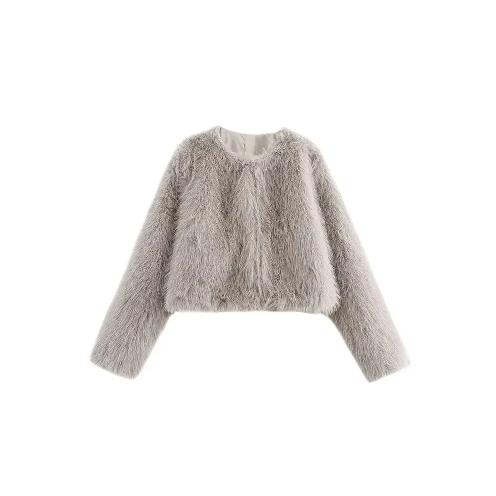 Feminino novo o pescoço manga longa outerwear chique topos outono inverno solto casual moda grosso quente pele do falso jaqueta cortada