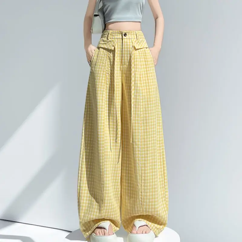 Women Casua Plaid Pants 2026 New Spring Summer Korean High Waist Straight Pants  Female All-Match Wide-leg Plaid Trousers