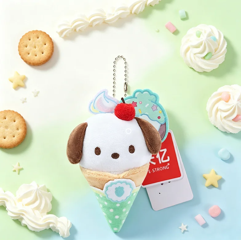 Genuine Sanrio Crepe Series Plush Bag Charm, Dessert‑Inspired Cute Detail Side‑Pose Keychain, Fuzzy Plush Surface, Firm Connecti