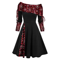 Christmas Dress 2025 Long Sleeve Colorblock Dress Tree Snowflake Print Cinched Godet A Line Mini Robe For Women Holiday Vestidos