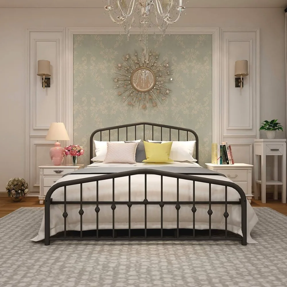 

Metal Bed Frame Queen Size Platform No Box Spring Needed with Vintage Headboard and Footboard Premium Steel Slat Suppo