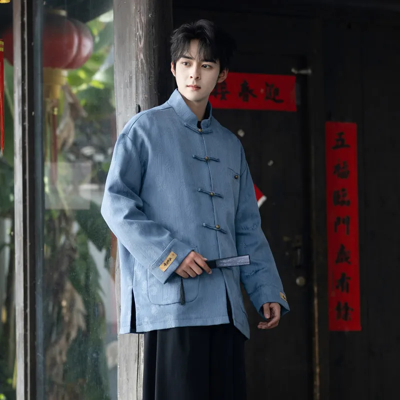 

Retro Chinese Sle Copper Button Denim Jaet for Men Autumn Season Trendy Stand Collar Jaet Improved Tang Costume Hanfu
