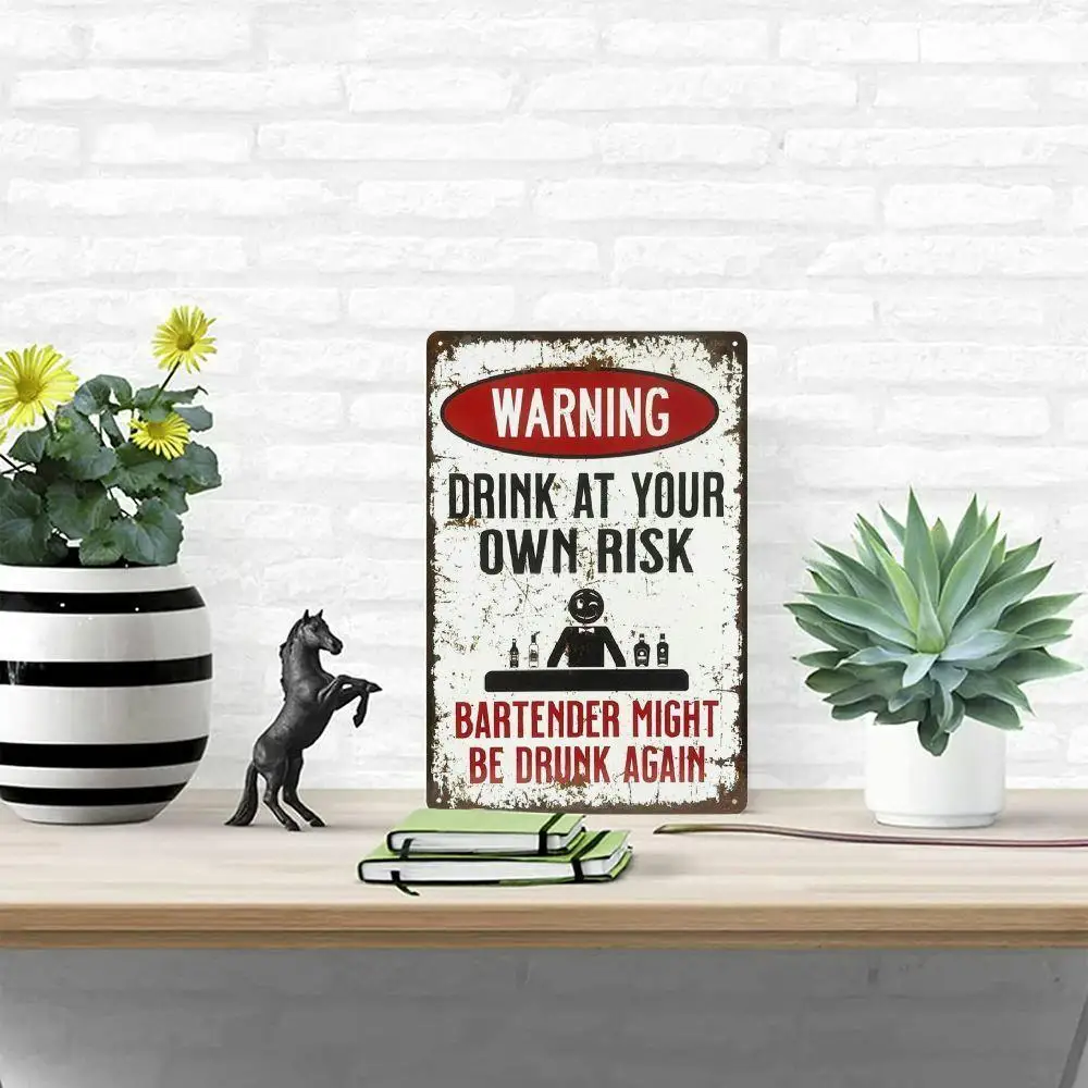 2D Flat 1pc Vintage-Style Bartender Warning Metal Sign, 12*8 Inches, Frameless Iron Bar Decor, Wall Hanging, Multipurpose Home B
