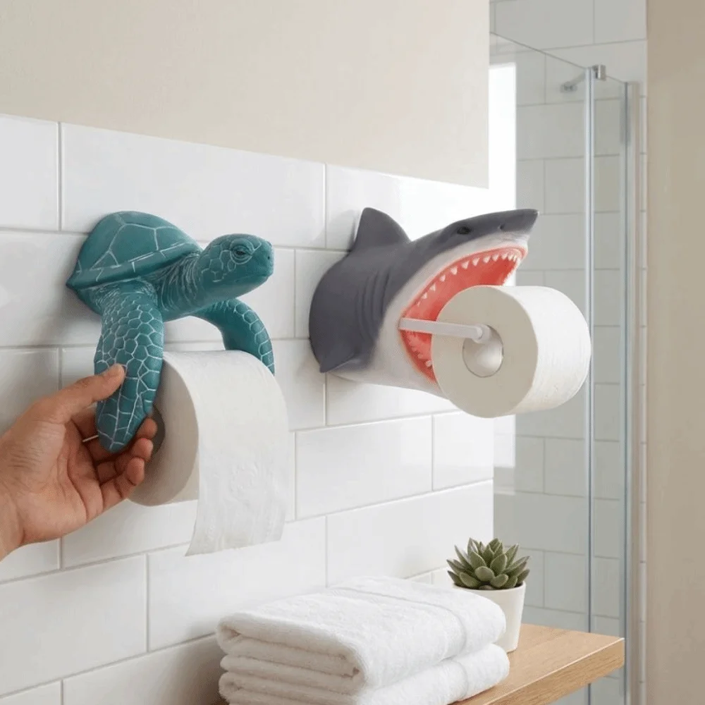 Shark Turtle Toilet Paper Holder 3D Printed Wall Mounted Paper Towel Stand Ocean Animal Coastal Style Tissue Roll Holder